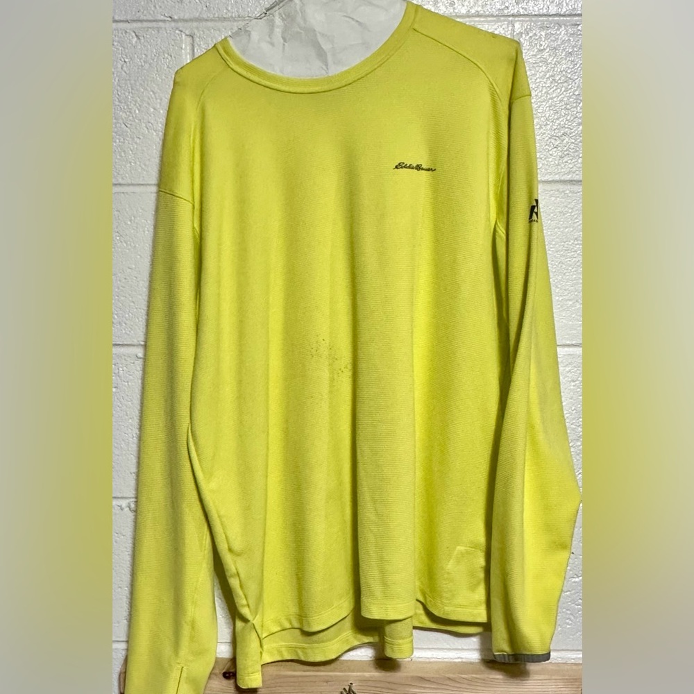 Eddie Bauer yellow long-sleeve, men’s L, lightweight, FreeShade UV protection.
